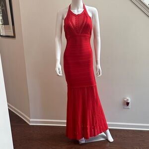 Elegant Herve Leger Red Halter Maxi Dress